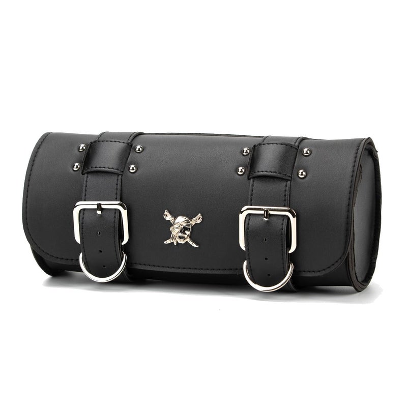 ELAINESTORE Motorcycle Tool Bag, Universal Motorcycle Handlebar Bag, Black PU Leather Roll Saddlebags, Waterproof Sissybar Storage Fork Bag (Pirate Pattern) - Image 1